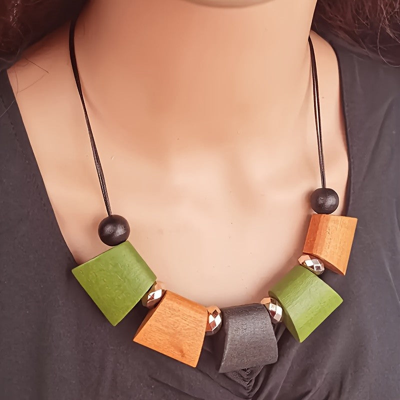 Color Block Trapezoid Wood Necklace