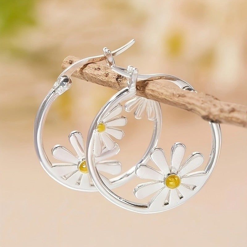 White Enamel Daisy Hoop Earrings
