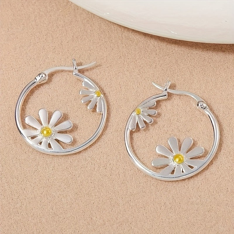 White Enamel Daisy Hoop Earrings