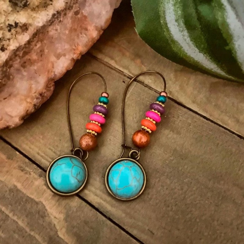 Turquoise & Rainbow Bead Drop Earrings