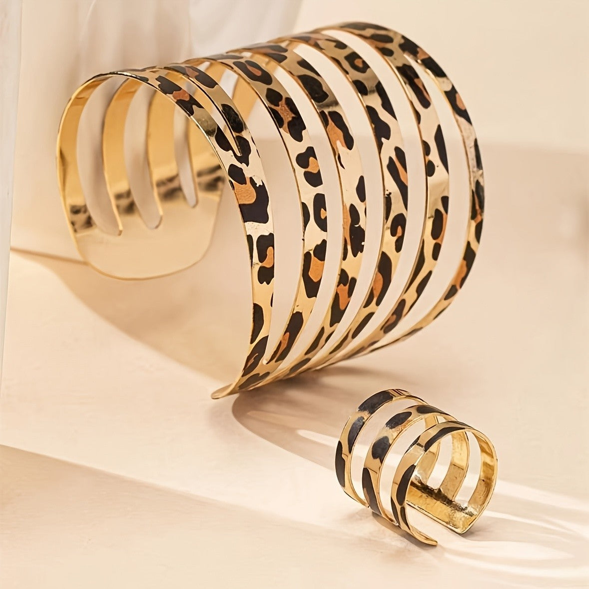 Leopard Print Open Bangle & Ring Set