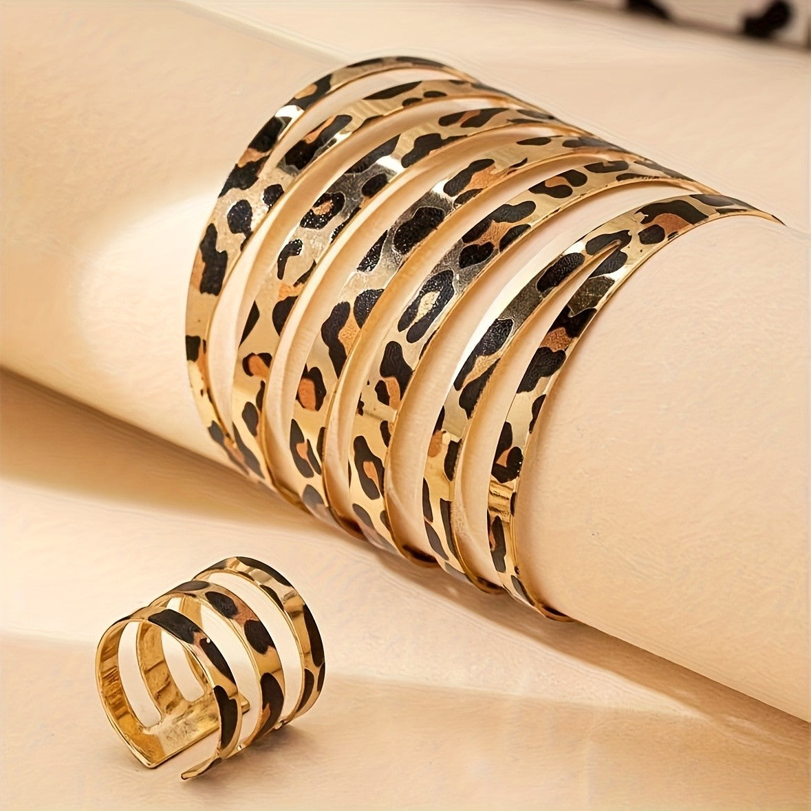 Leopard Print Open Bangle & Ring Set