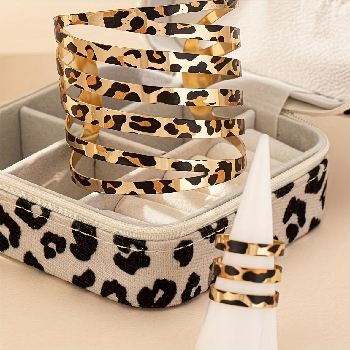 Leopard Print Open Bangle & Ring Set