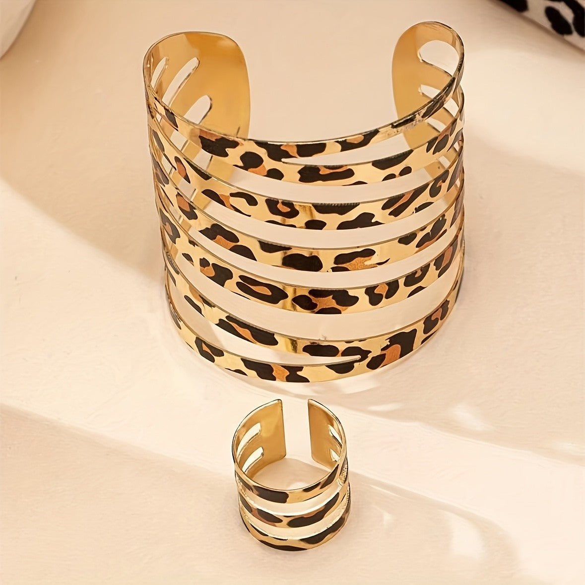 Leopard Print Open Bangle & Ring Set