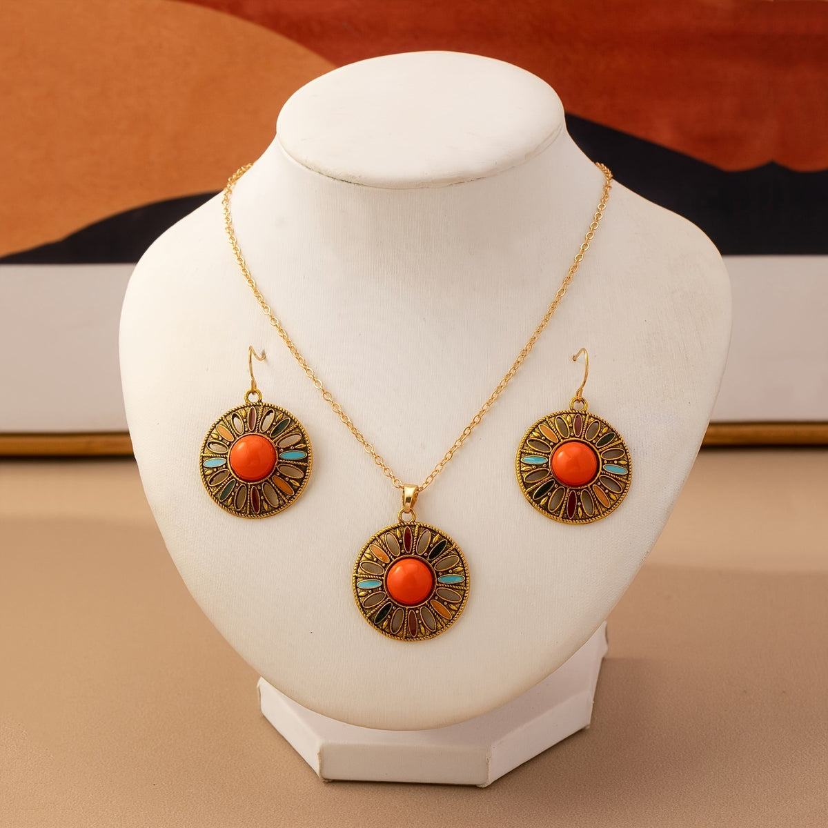 Orange Sunburst Circle Jewelry Set