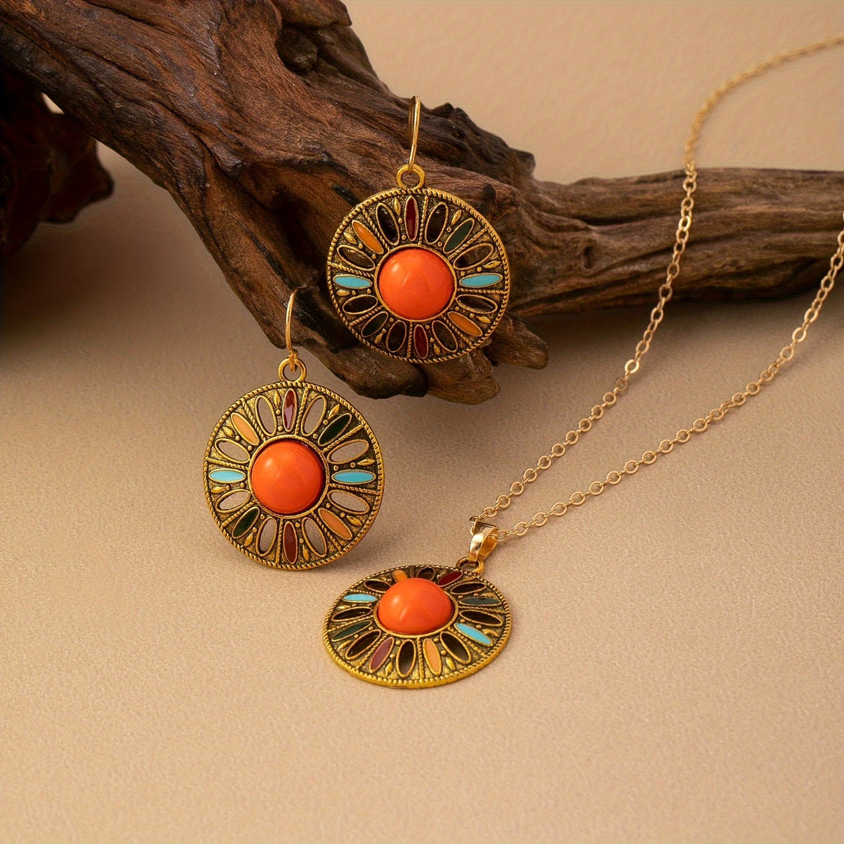 Orange Sunburst Circle Jewelry Set