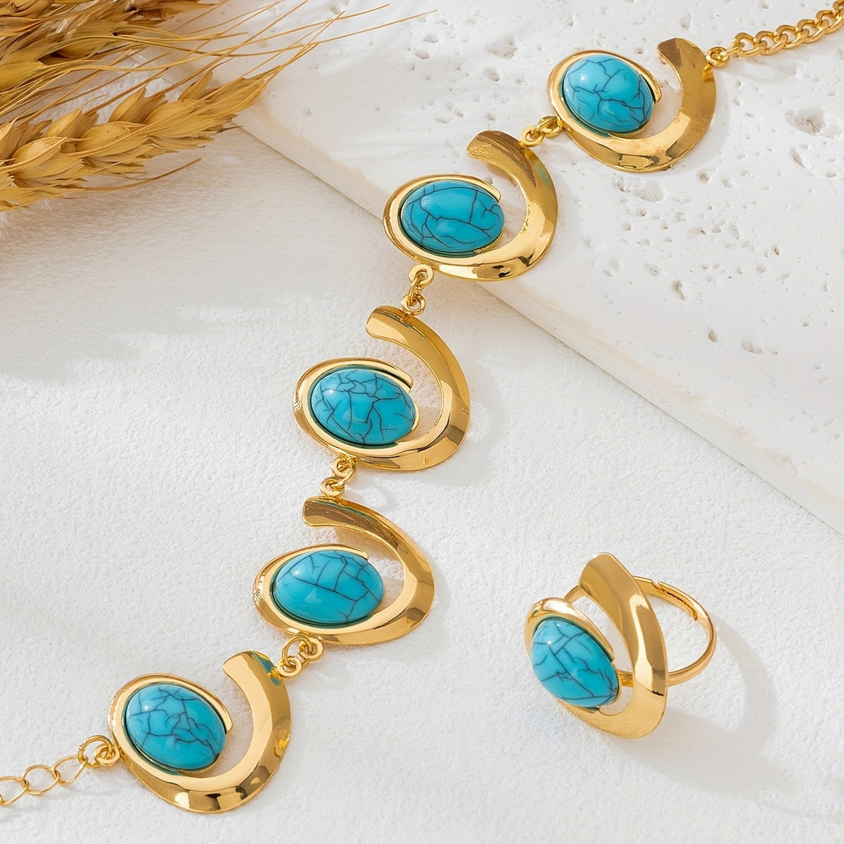 Turquoise Crescent Ring & Bracelet Set
