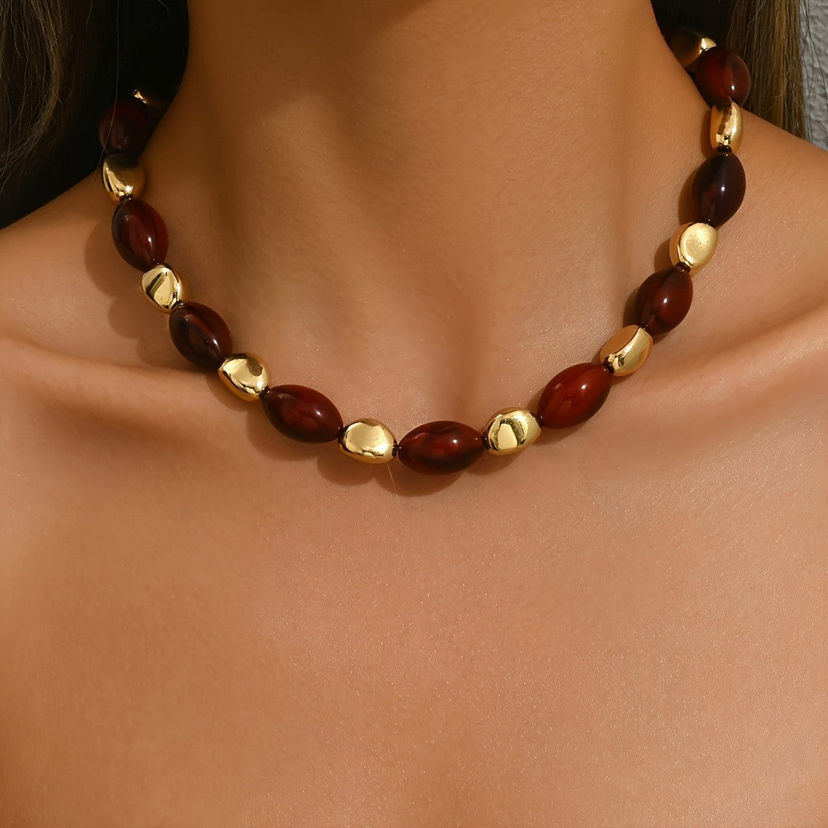 Burgundy & Gold Oval Bead Necklace
