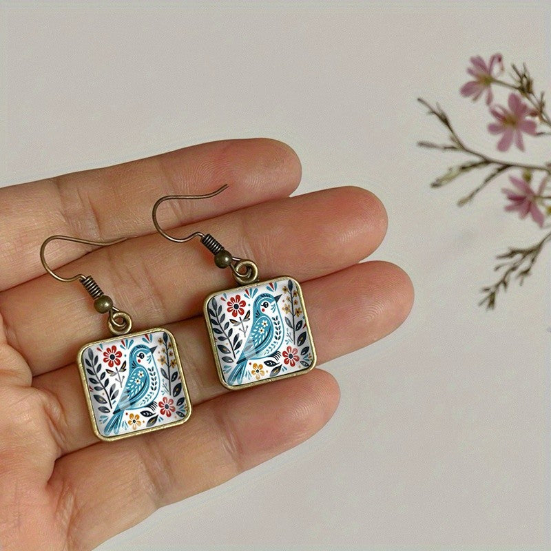 Blue Bird Square Earrings