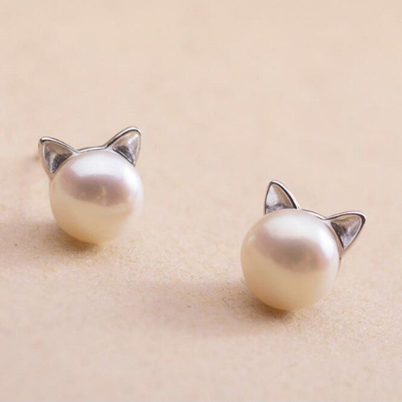 Pearl Cat Ear Stud Earrings