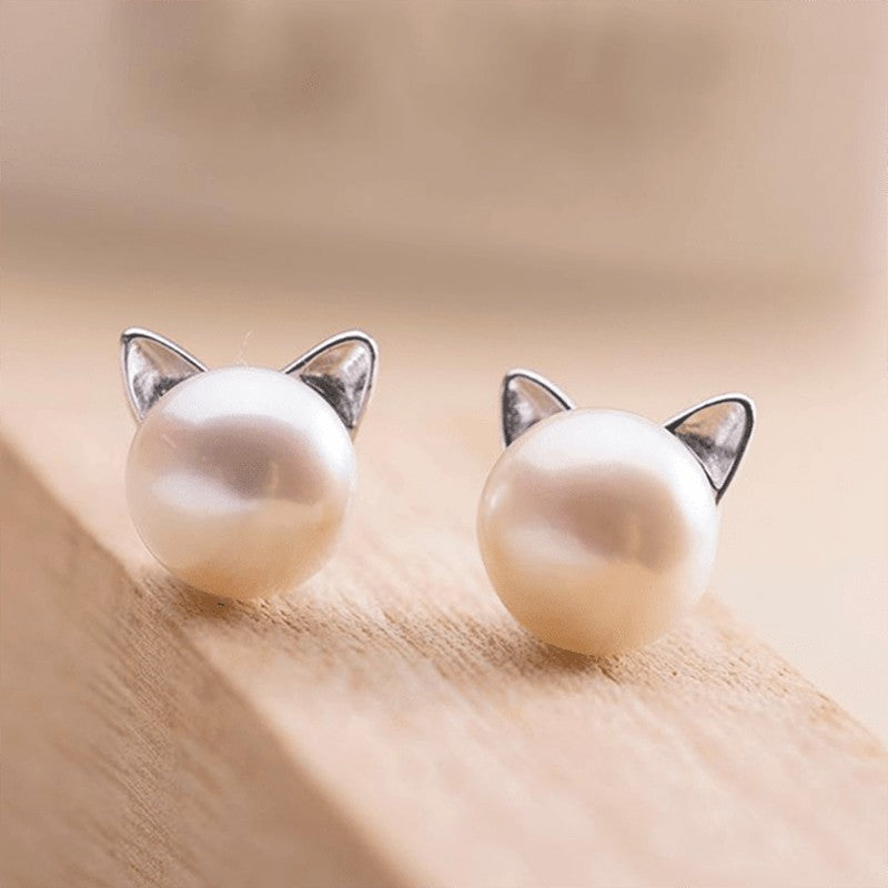 Pearl Cat Ear Stud Earrings