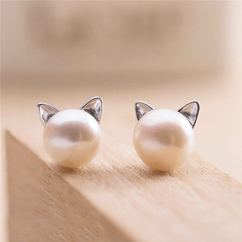Pearl Cat Ear Stud Earrings