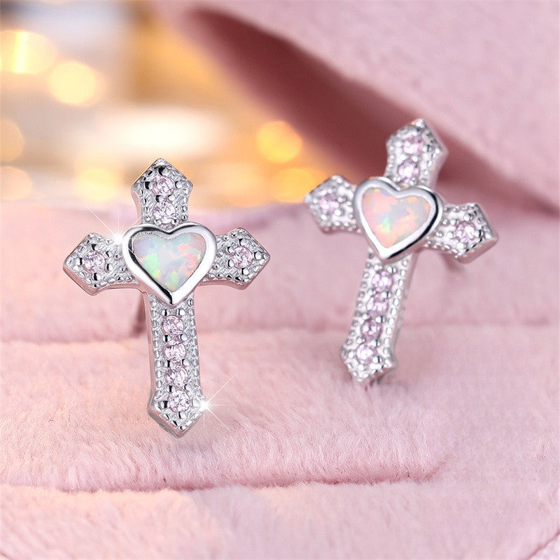 Iridescent Heart Cross Earrings