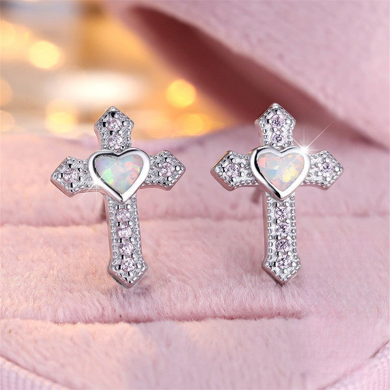 Iridescent Heart Cross Earrings