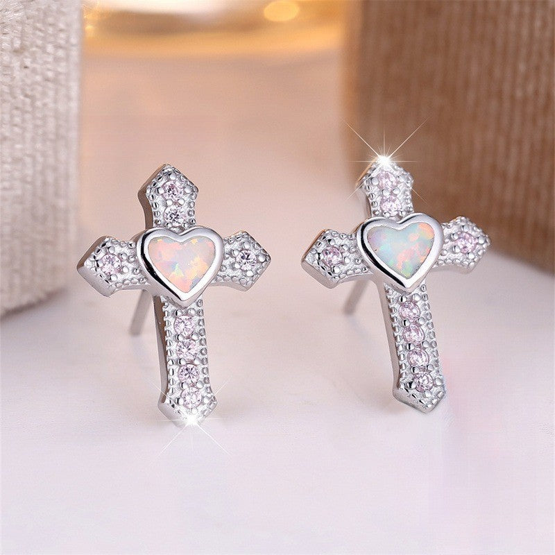 Iridescent Heart Cross Earrings