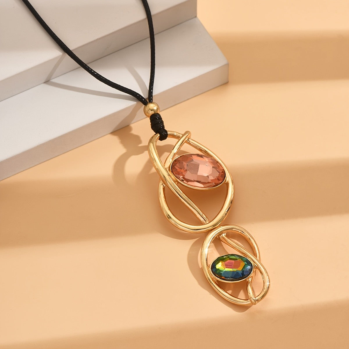 Two-Tone Glass Oval Pendant Necklace