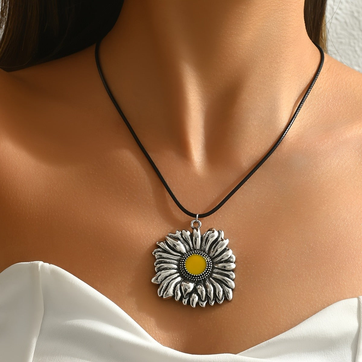 Textured Sunflower Cord Necklace