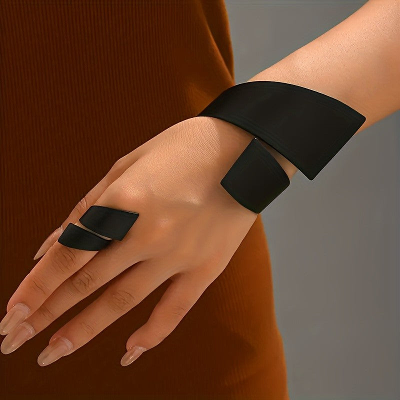 Black Curved Cuff Bracelet & Ring Set