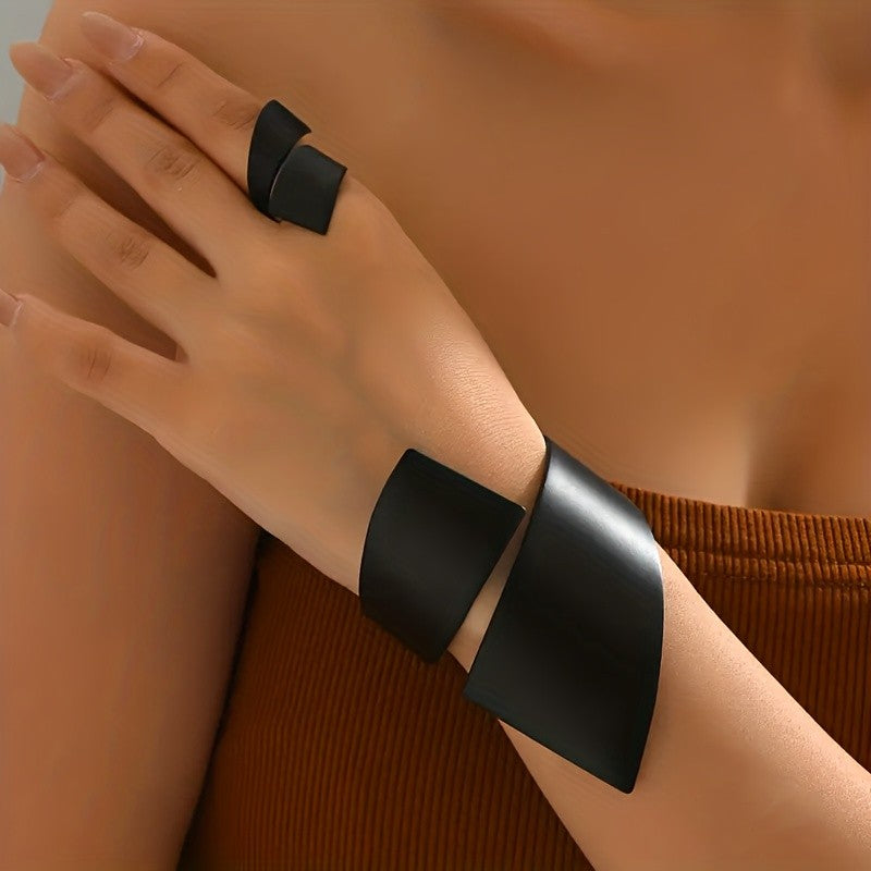 Black Curved Cuff Bracelet & Ring Set