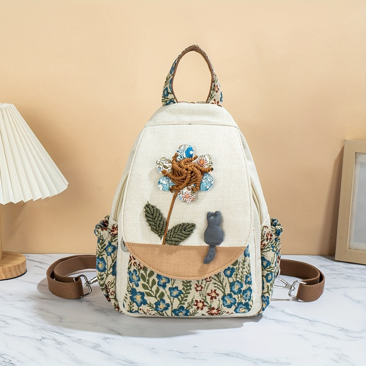 Floral & Cat Canvas Backpack