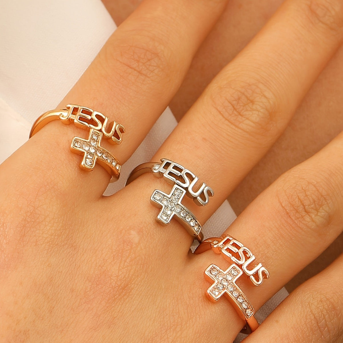 Jesus Letter & Crystal Cross Ring