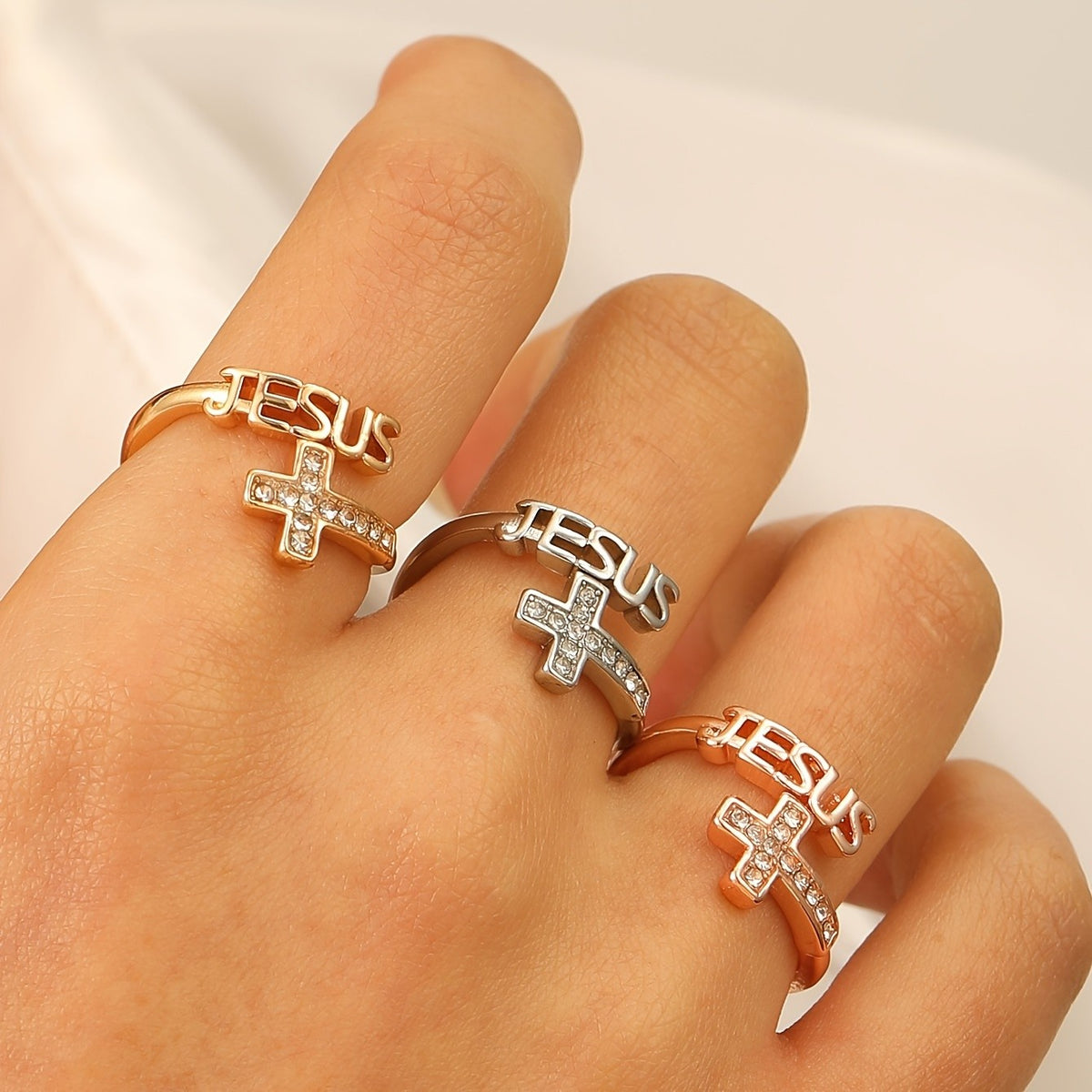 Jesus Letter & Crystal Cross Ring