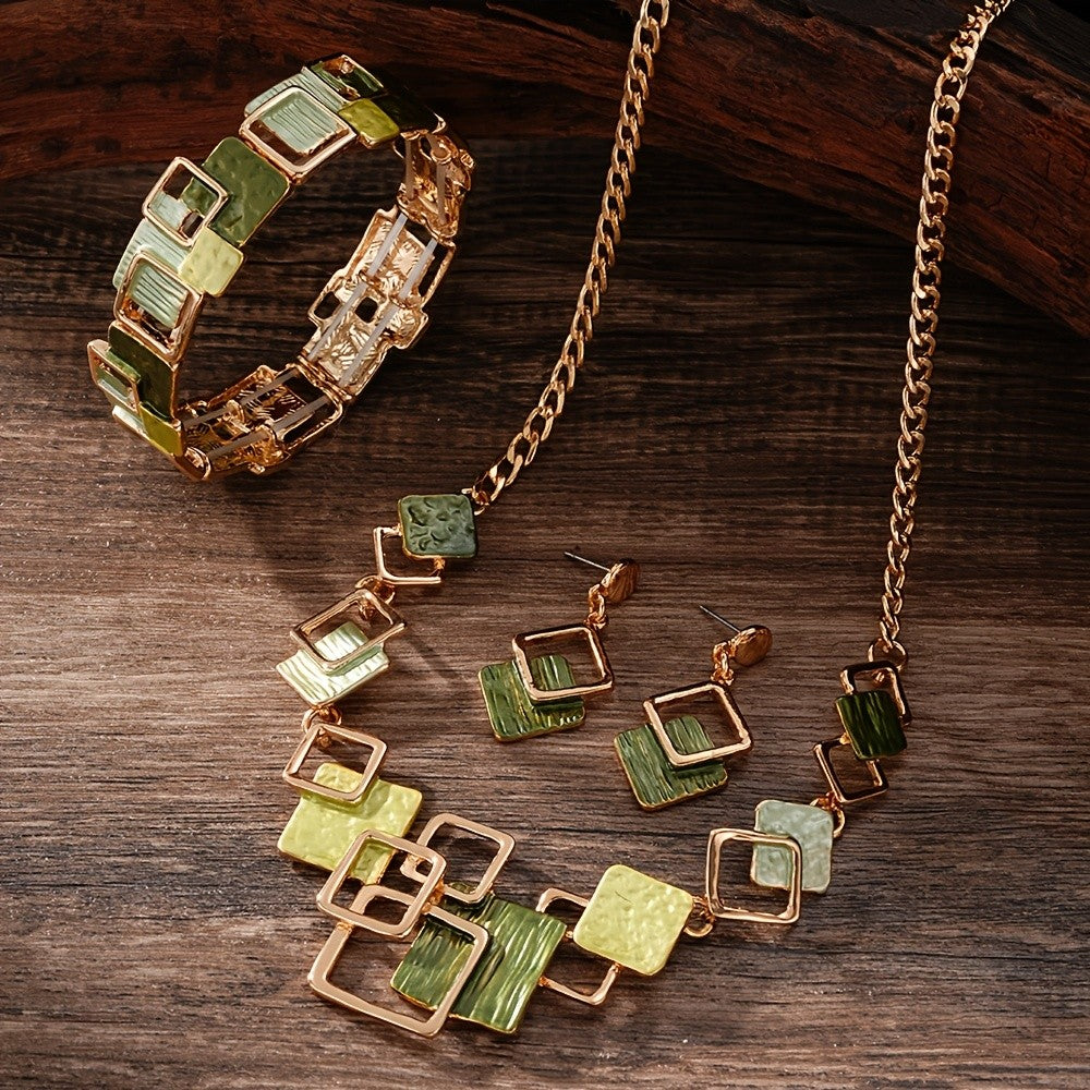 Green Patchwork Square Jewelry Set