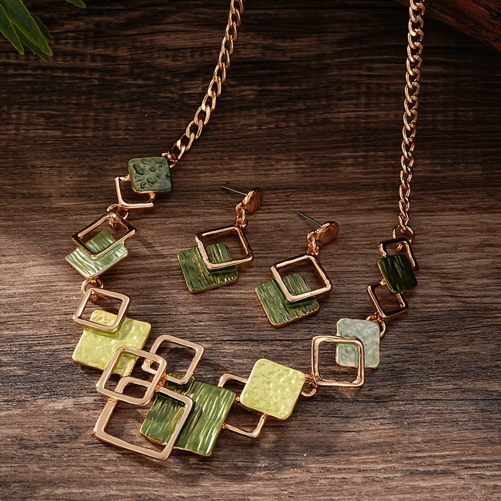 Green Patchwork Square Jewelry Set