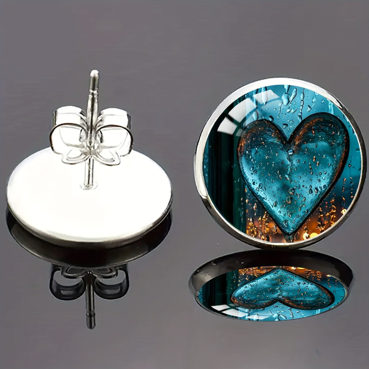 Blue Glass Heart Stud Earrings
