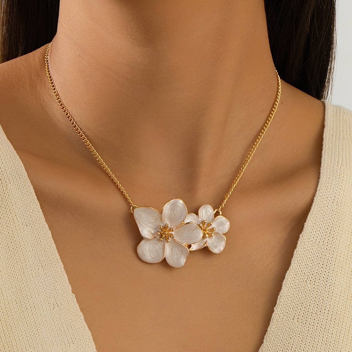 White Floral Duo Necklace