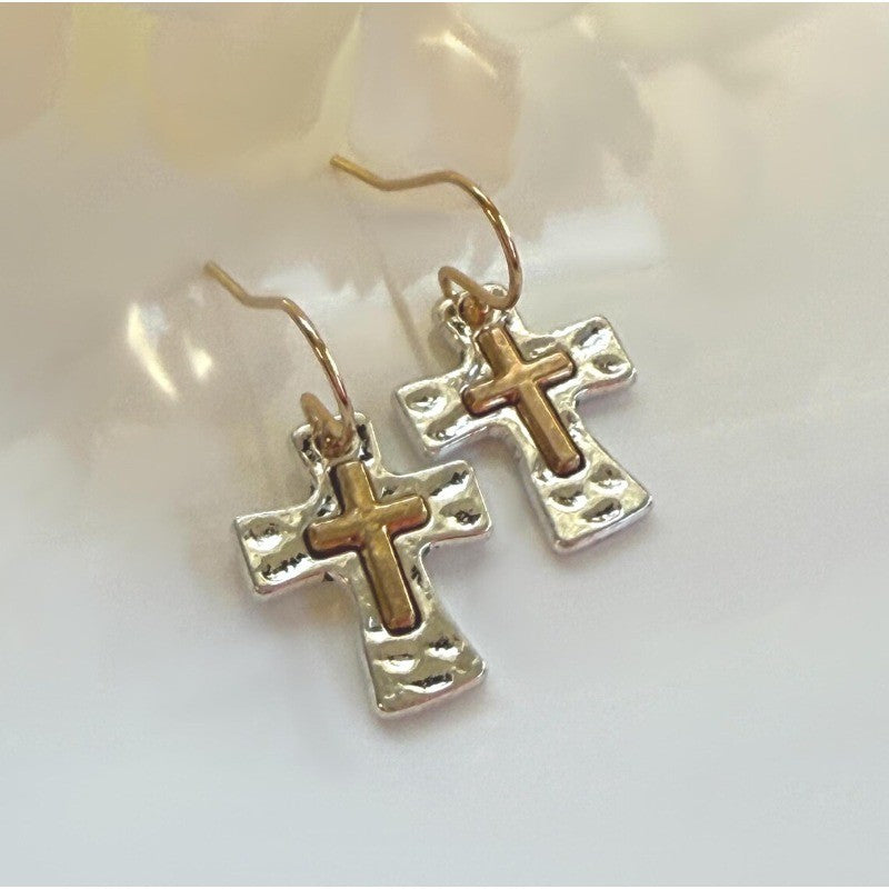Two-Tone Hammered Cross Earrings