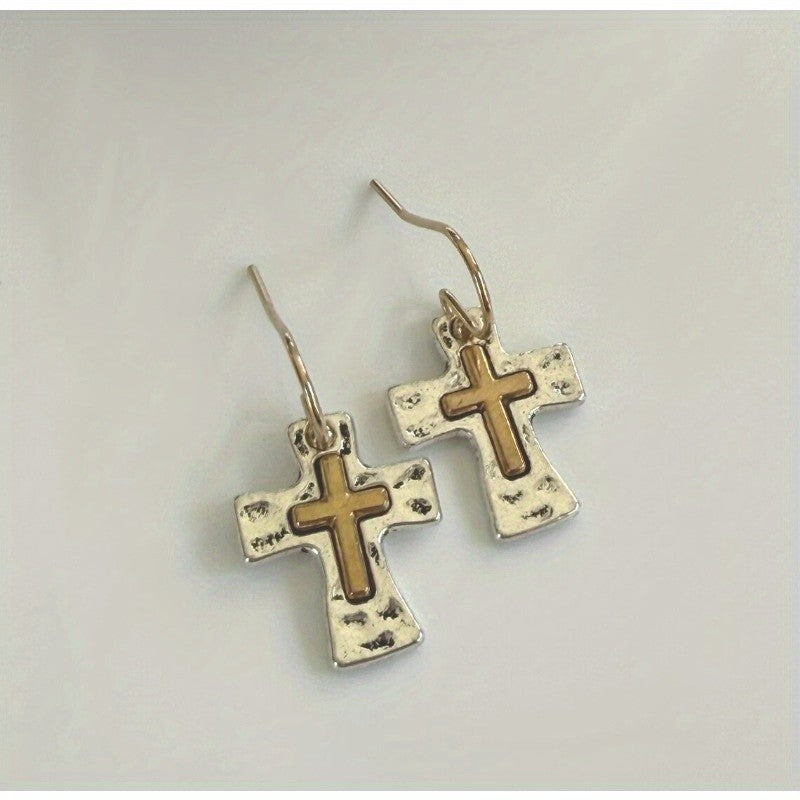 Two-Tone Hammered Cross Earrings