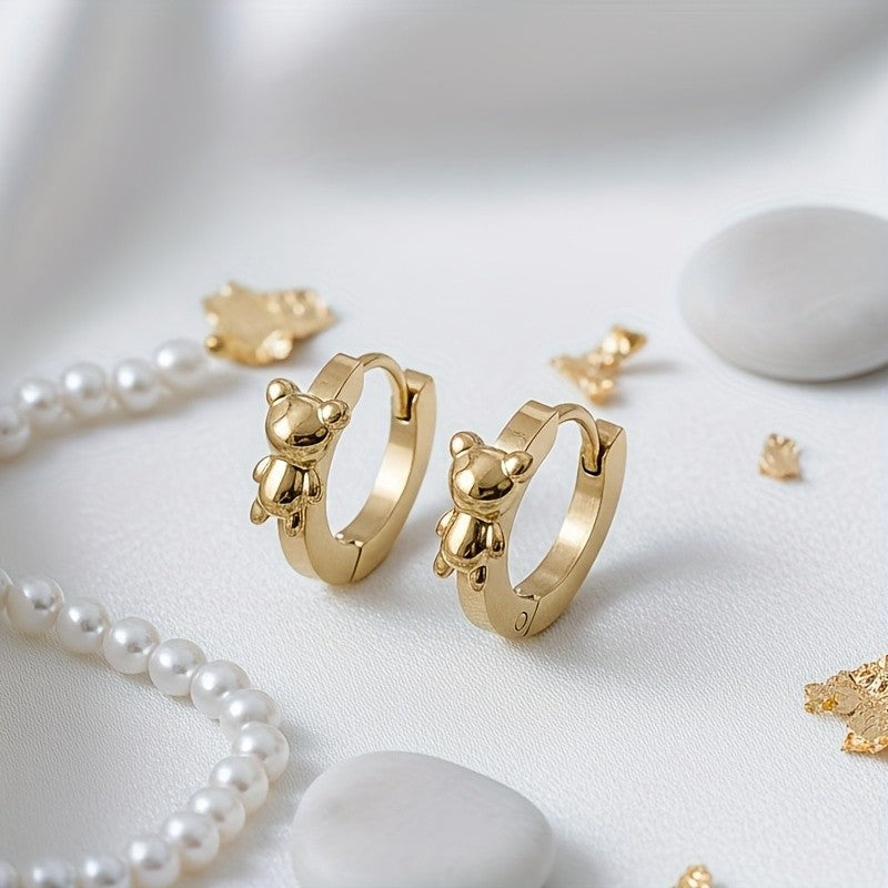 3D Bear Charm Hoop Earrings