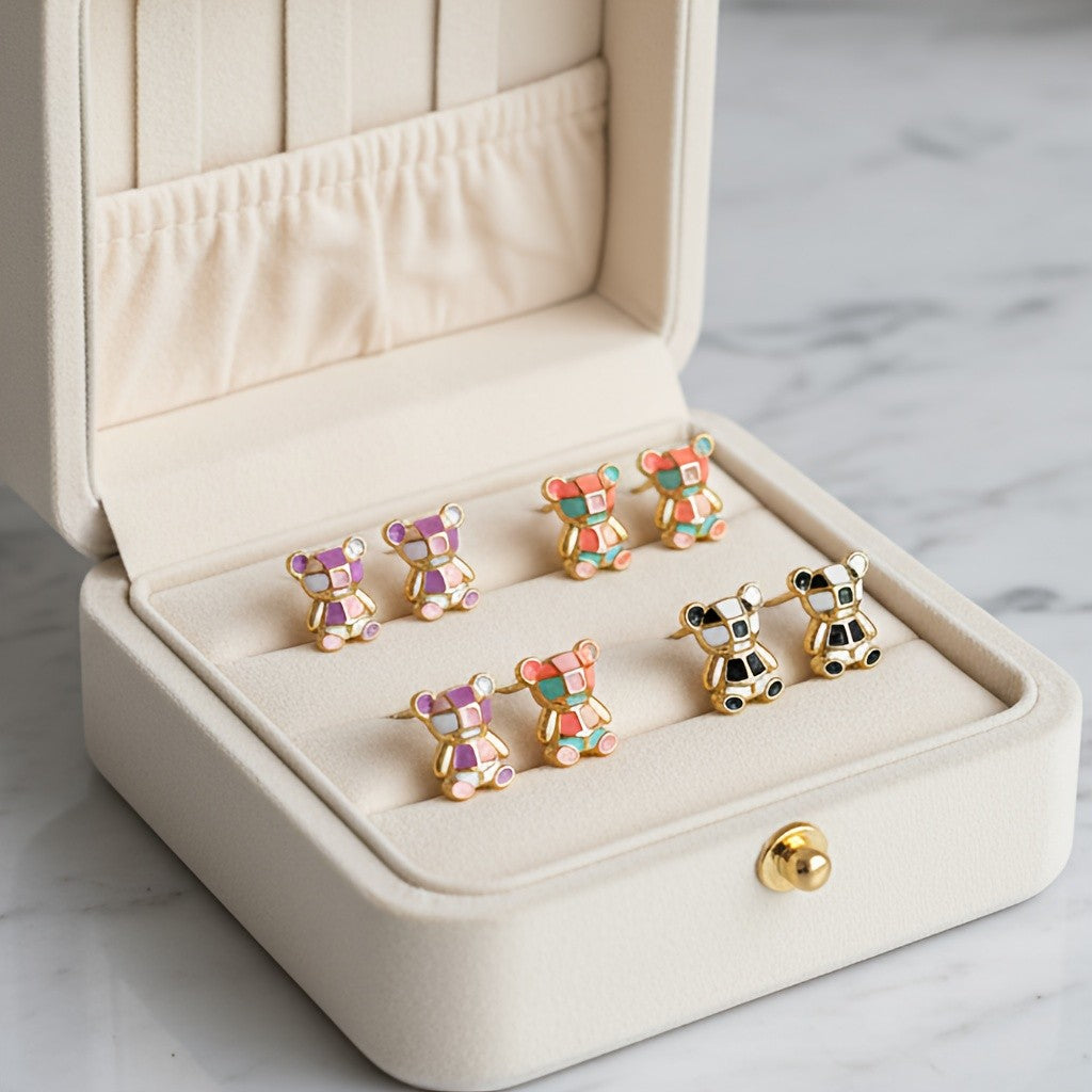 Colorful Mosaic Bear Earrings