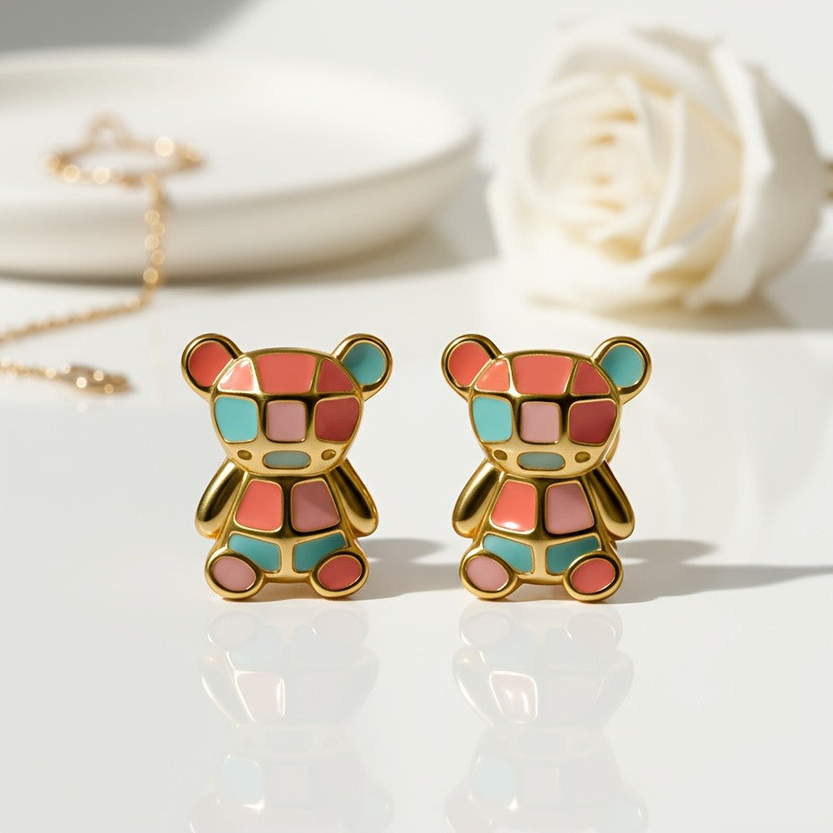 Colorful Mosaic Bear Earrings