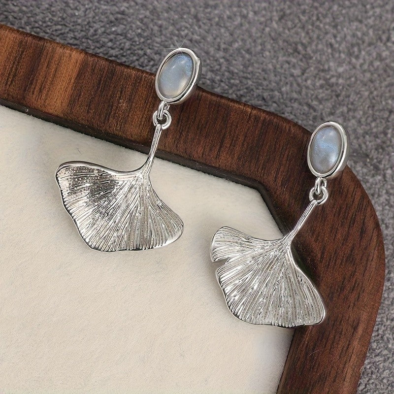 Ginkgo Leaf & Teal Stone Drop Earrings