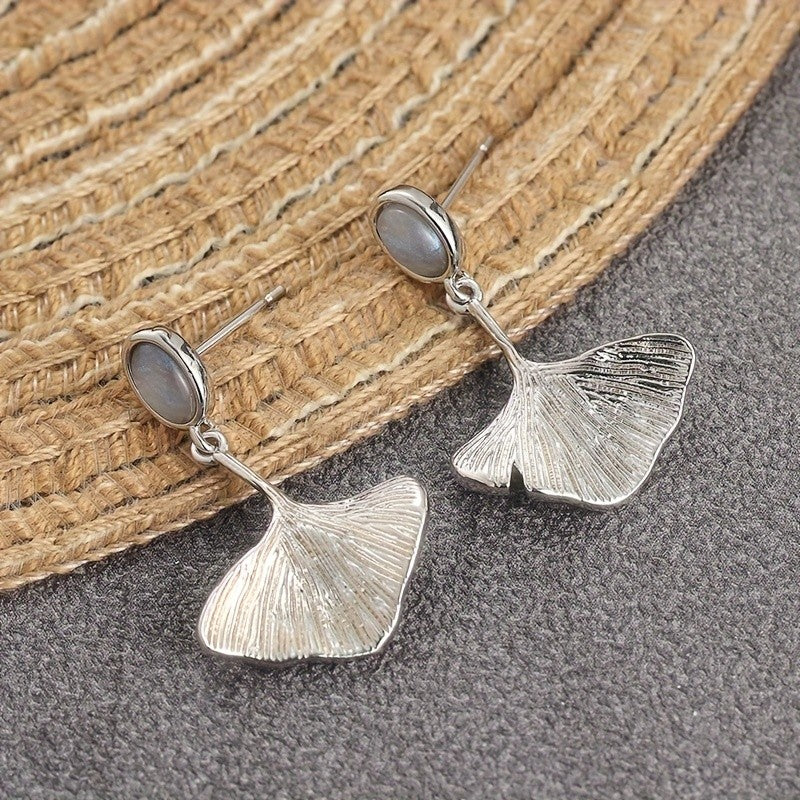 Ginkgo Leaf & Teal Stone Drop Earrings
