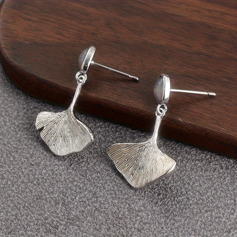 Ginkgo Leaf & Teal Stone Drop Earrings