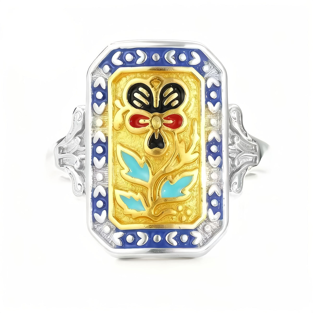 Enamel Floral Rectangle Ring