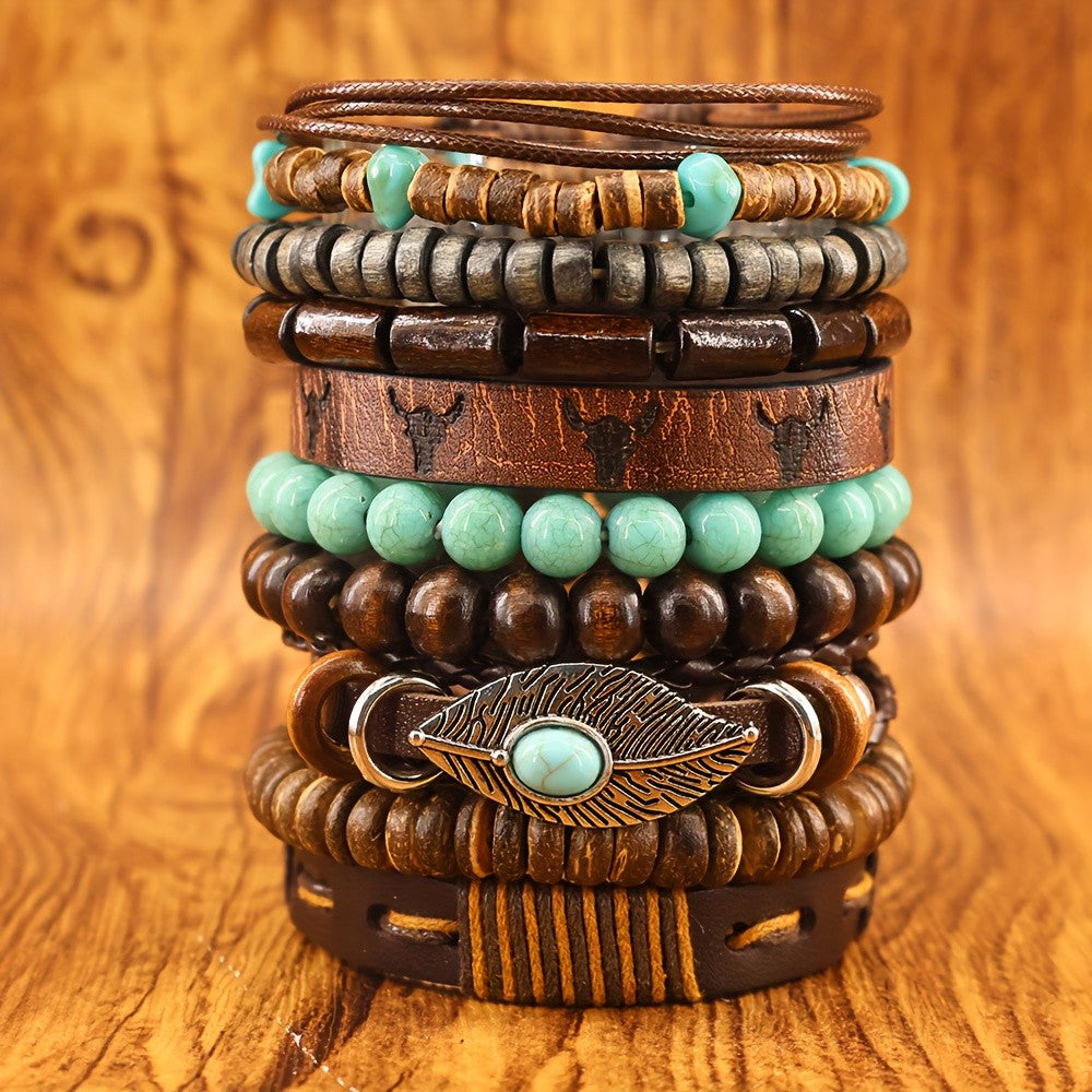 Turquoise Bead & Leaf Charm Bracelet Set