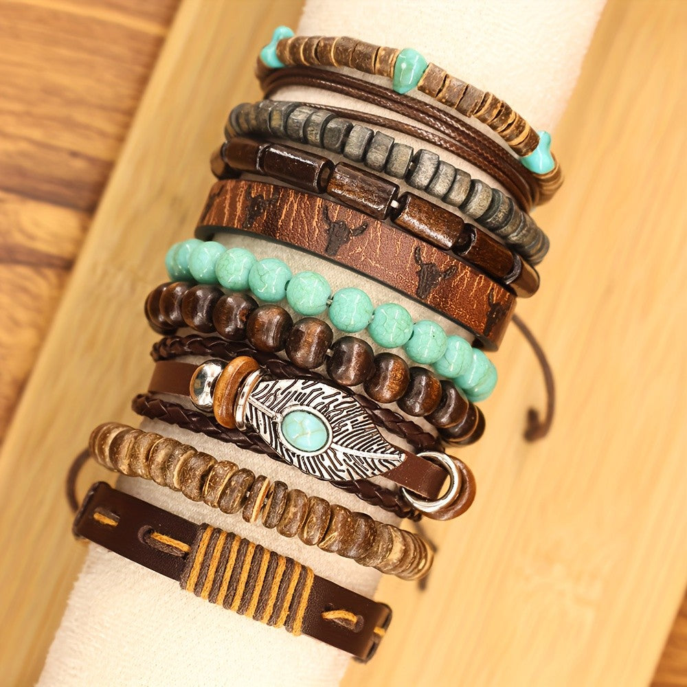 Turquoise Bead & Leaf Charm Bracelet Set