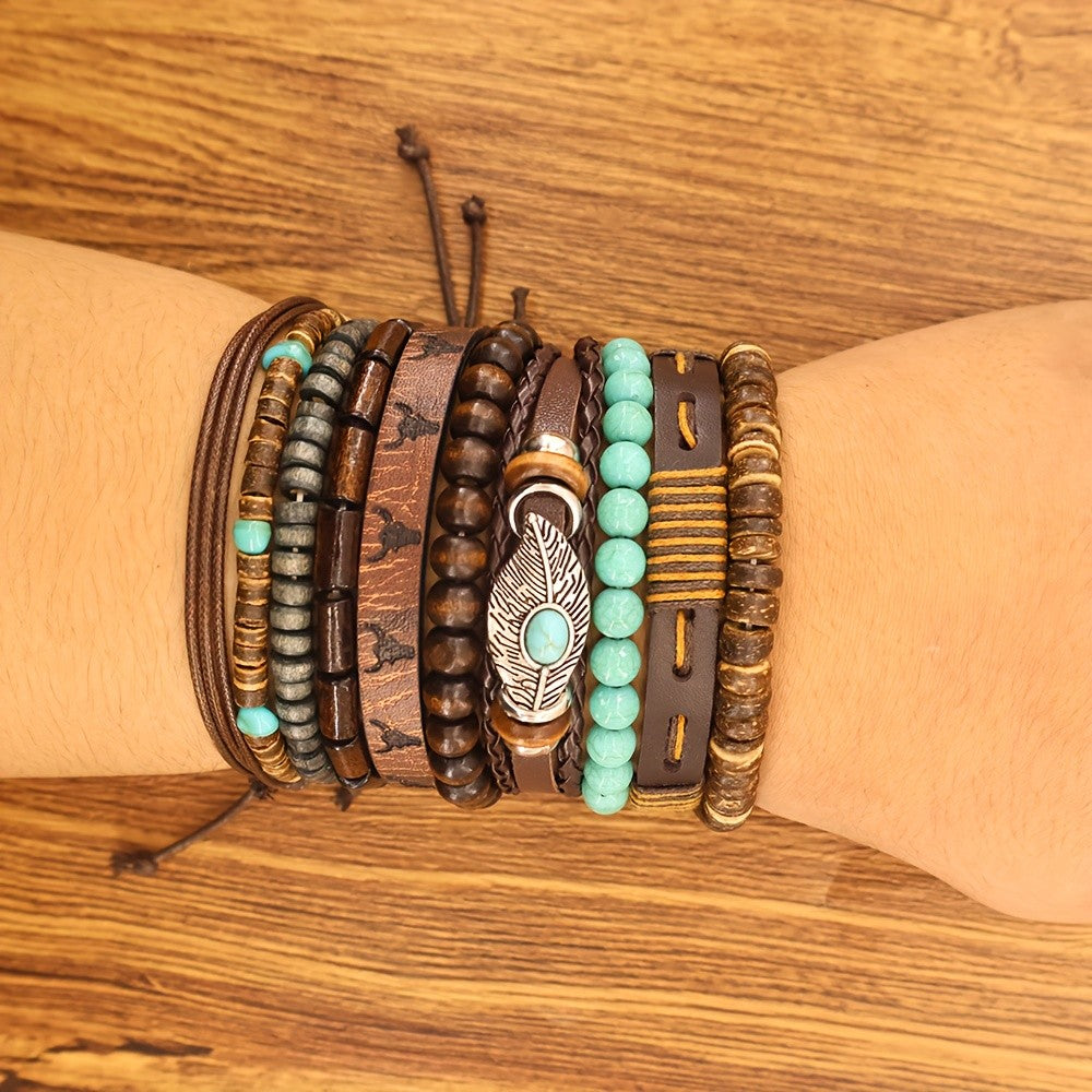 Turquoise Bead & Leaf Charm Bracelet Set