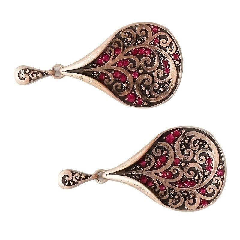 Red Zircon Scrollwork Teardrop Earrings