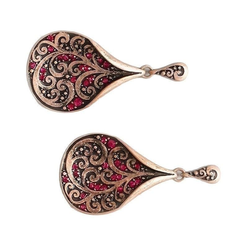 Red Zircon Scrollwork Teardrop Earrings