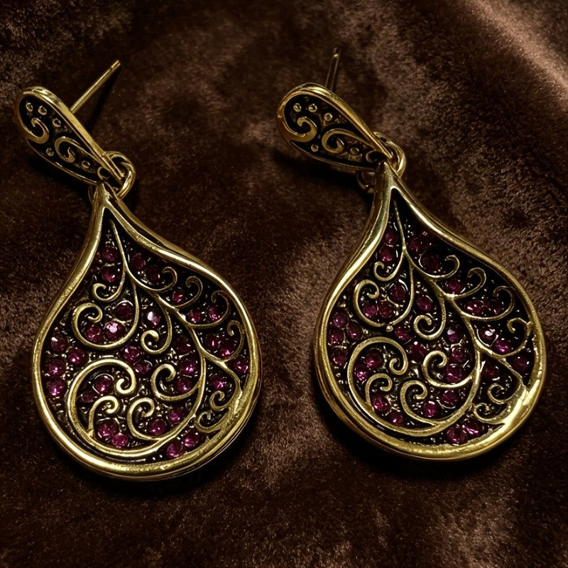 Red Zircon Scrollwork Teardrop Earrings