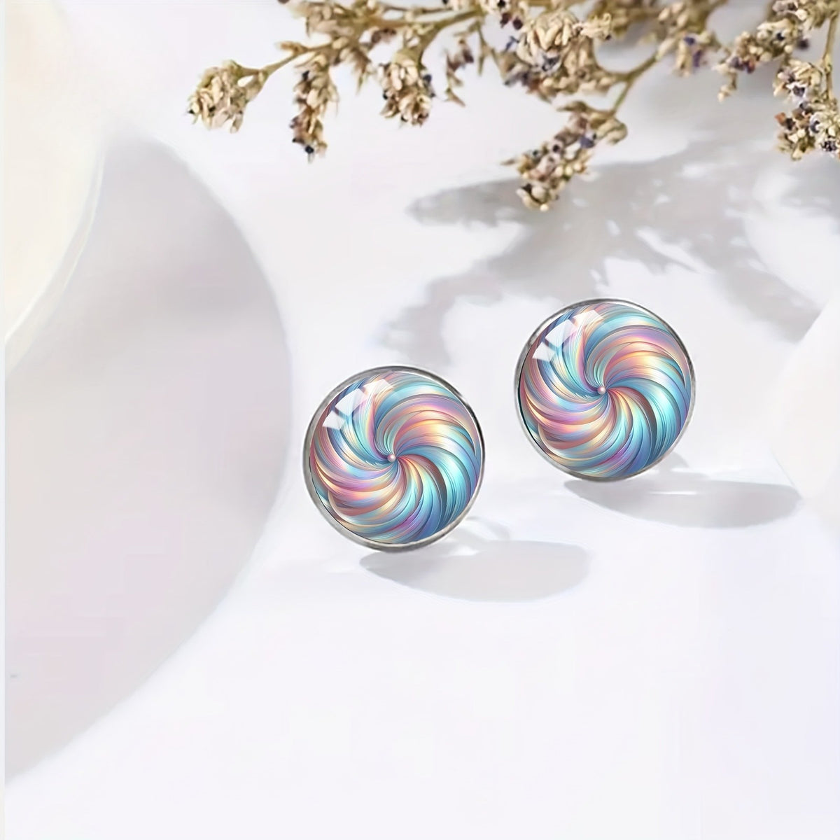 Iridescent Spiral Glass Stud Earrings