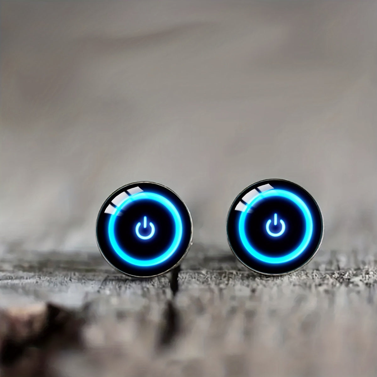 Blue Power Button Stud Earrings