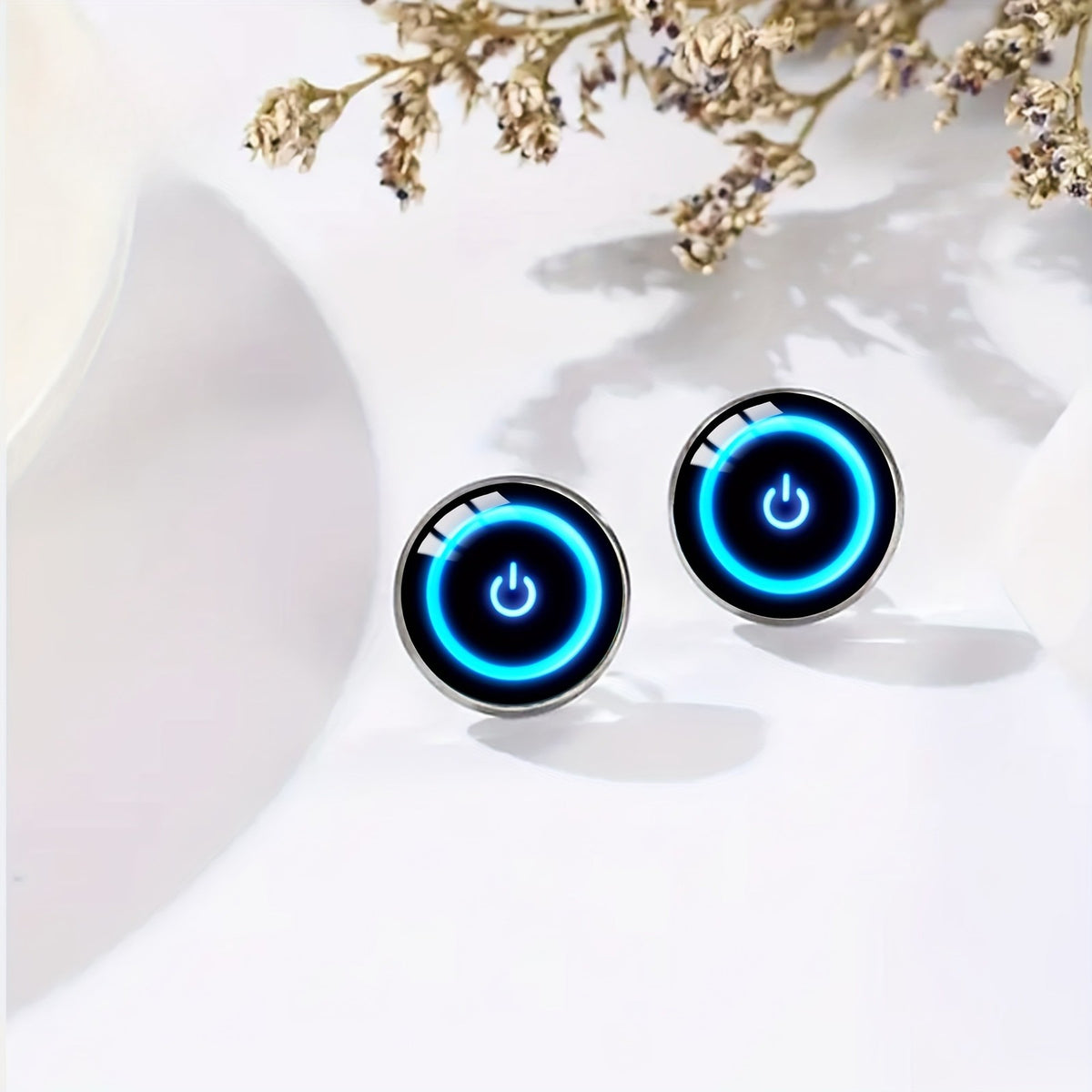 Blue Power Button Stud Earrings