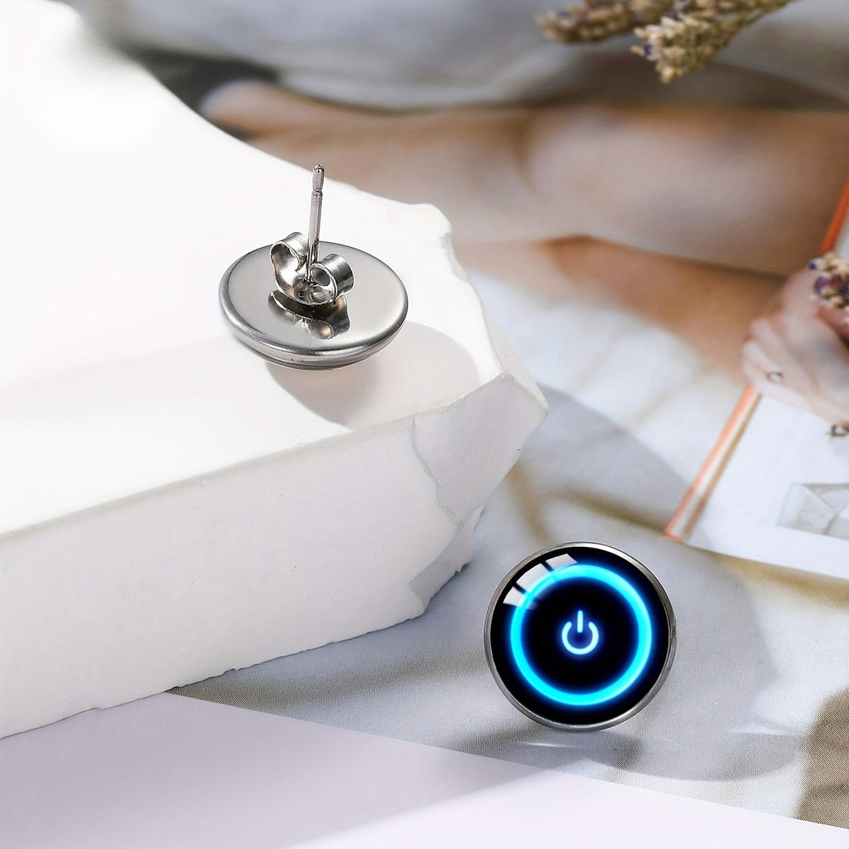 Blue Power Button Stud Earrings