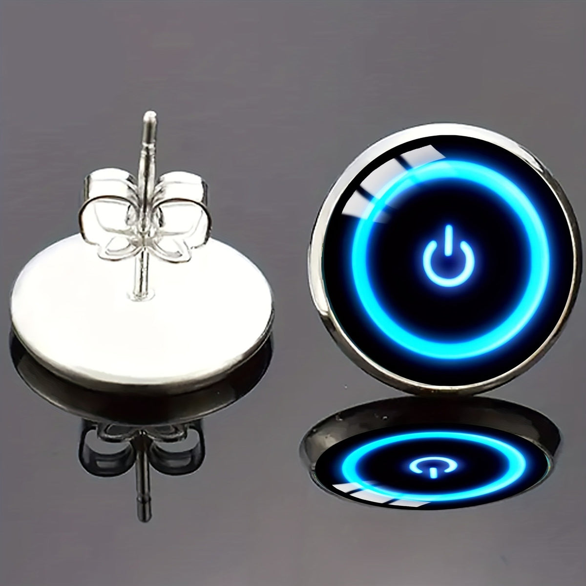 Blue Power Button Stud Earrings